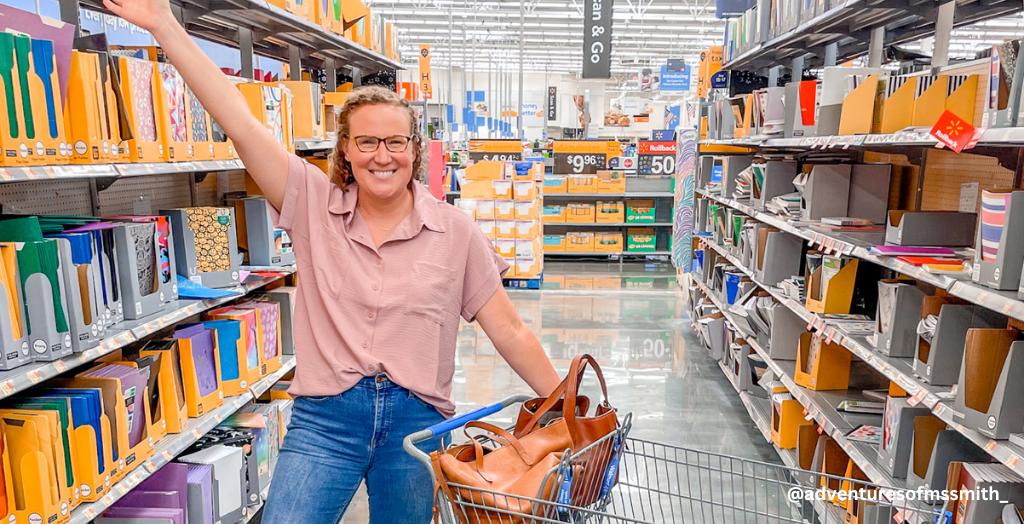 Creator @adventuresofmssmith_ back-to-school shopping in the school supplies aisle of a supermarket