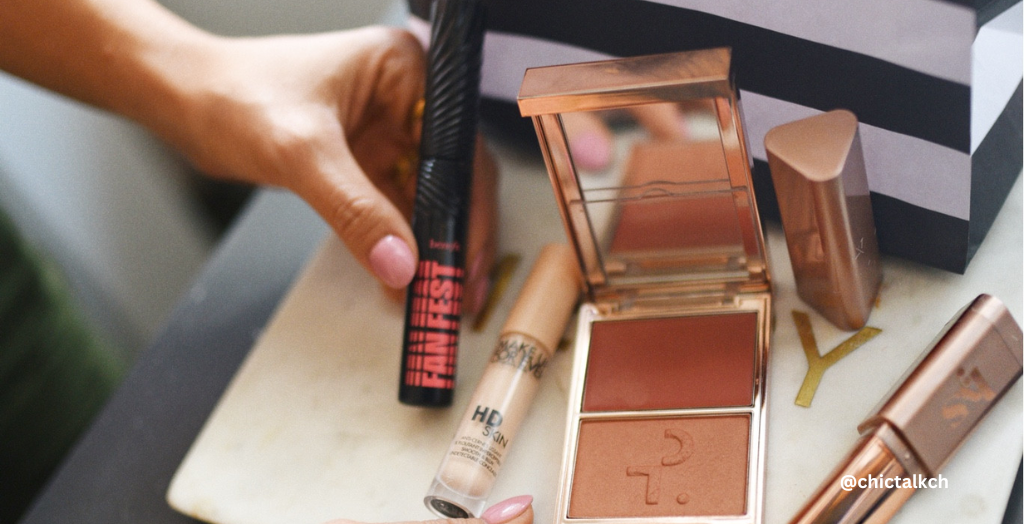Image showing beauty content creator @chictalkch organizing an assortment of beauty products.